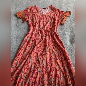 Floral Coral Maxi Dress with Drawstring Waist